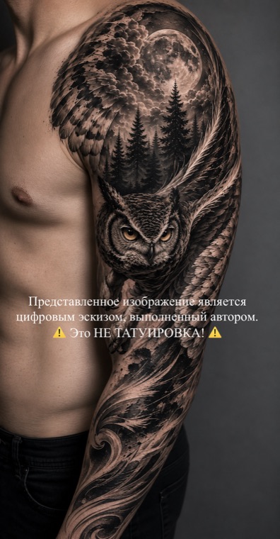 Цифровой эскиз татуировки — Сова и лес