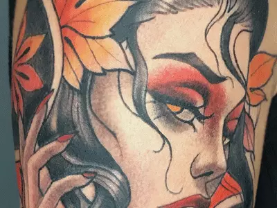 Тату в стиле нео традишнл на плече. Яркие цвета, Tattooformat