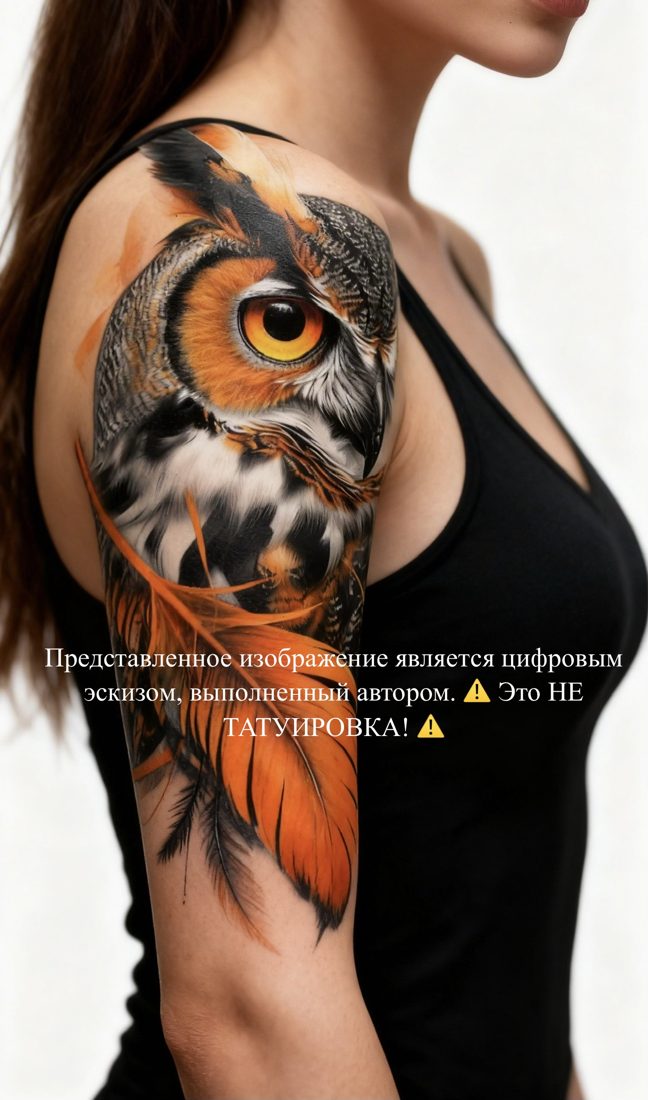 Цифровой эскиз татуировки — Сова с оранжевыми перьями на плече