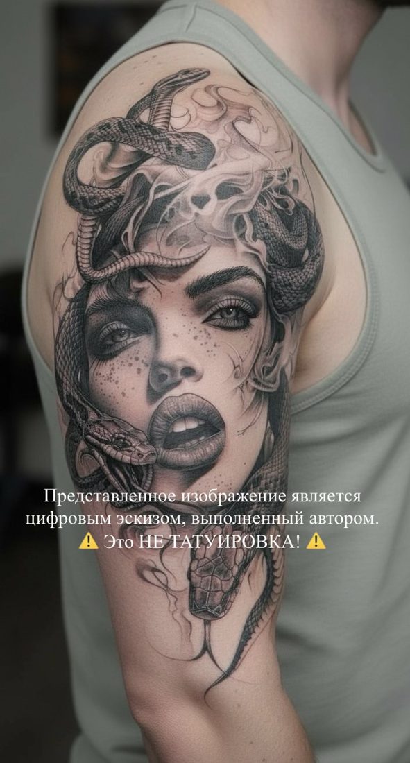 Цифровой эскиз татуировки — Медуза Горгона на плече