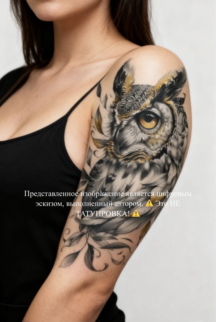 Цифровой эскиз татуировки — Сова с листьями на плече