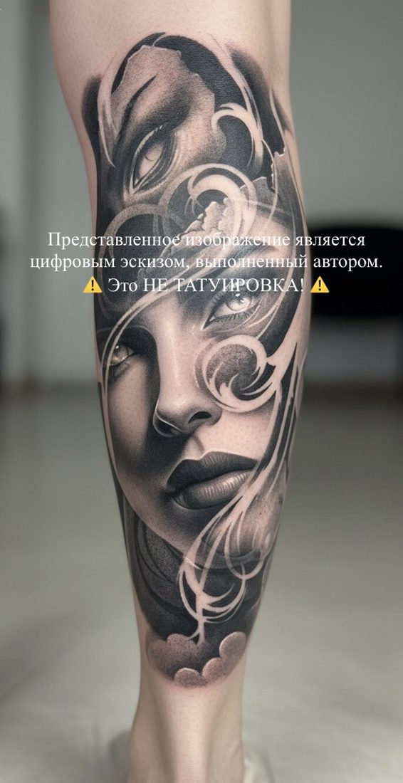 Цифровой эскиз татуировки — Женский портрет с орнаментом на голени
