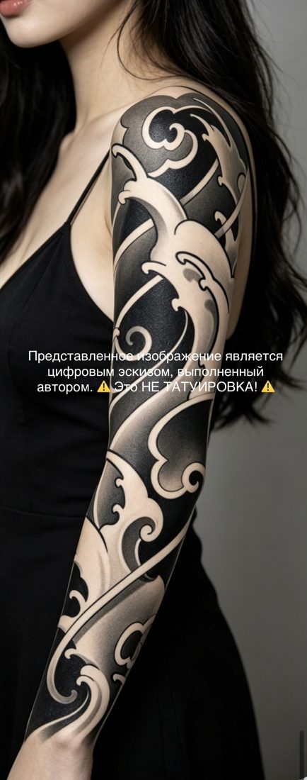 Цифровой эскиз татуировки — Чёрно-серый рукав с японскими волнами