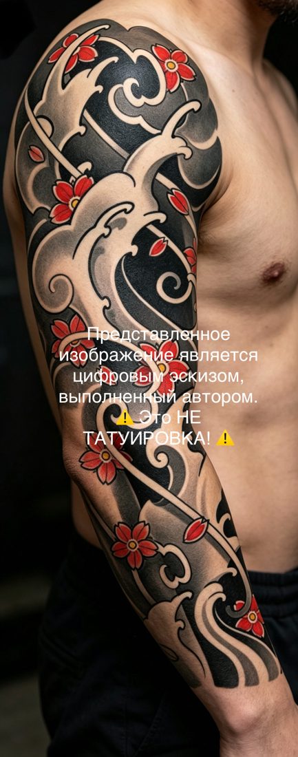 Цифровой эскиз татуировки — Японский рукав с волнами и сакурой
